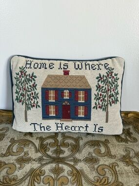 Vintage Needlepoint Pillow “Home Is Where The Heart Is” Cottagecore Grannycore